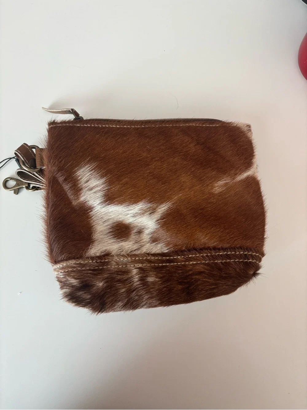 Handcrafted Brown Hair-On Hide Wristlet with White Monogram K